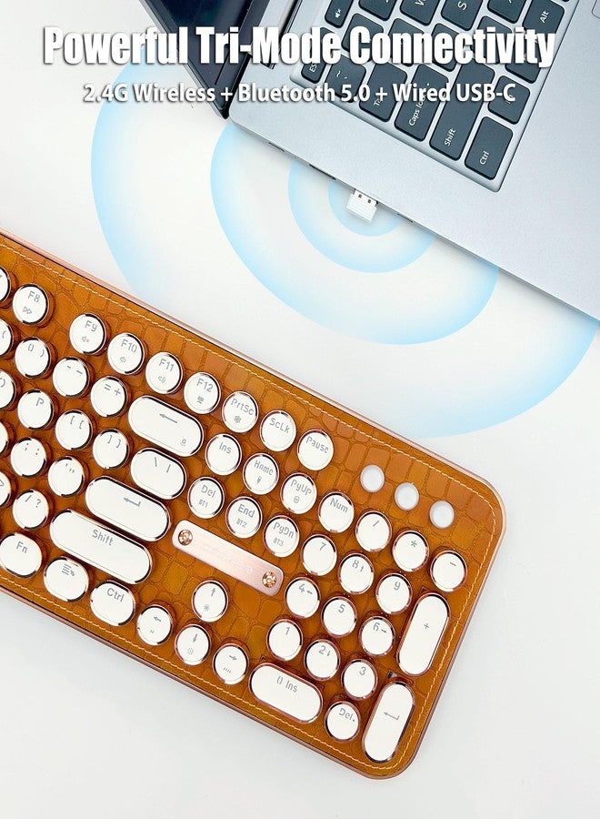 TISHLED Typewriter Keyboard with Faux Leather Panel, Wireless 2.4G/Bluetooth/Wired USB-C, Aesthetic Mechanical Gaming Keyboard 104-Key Clicky Blue Switch, White LED Backlit, Retro Round Keycap, Brown - Image 3