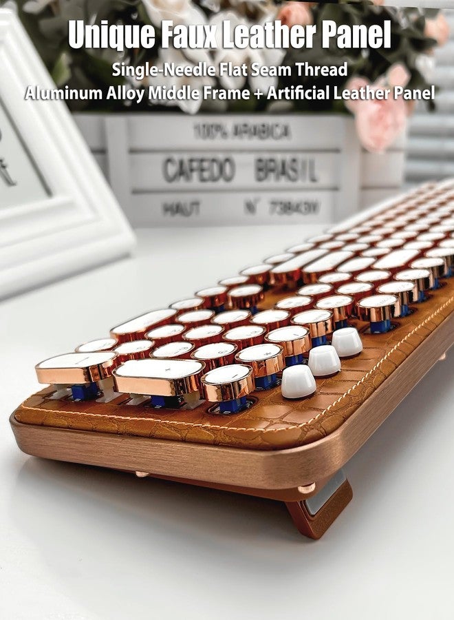 TISHLED Typewriter Keyboard with Faux Leather Panel, Wireless 2.4G/Bluetooth/Wired USB-C, Aesthetic Mechanical Gaming Keyboard 104-Key Clicky Blue Switch, White LED Backlit, Retro Round Keycap, Brown - Image 2