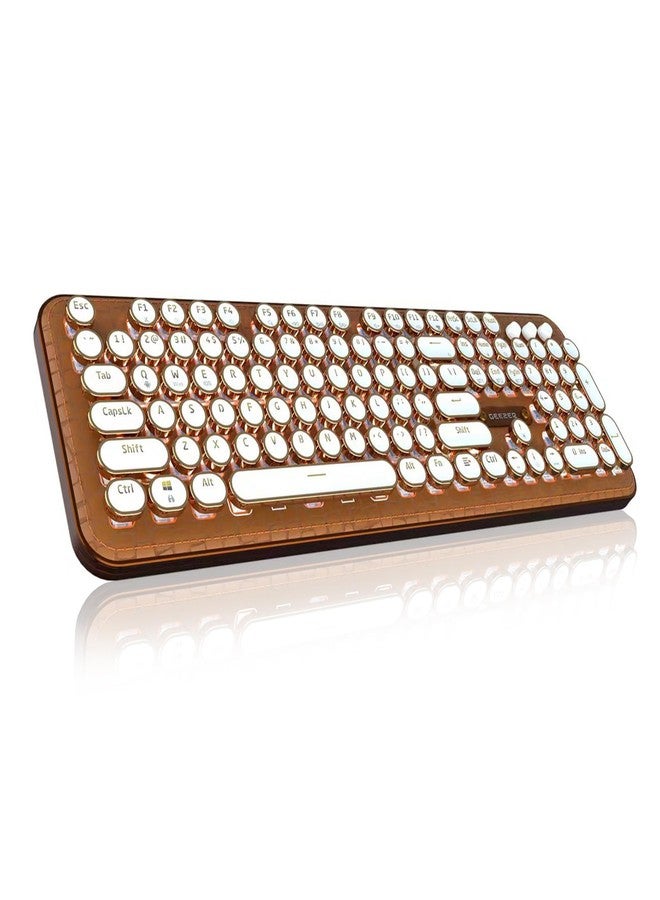TISHLED Typewriter Keyboard with Faux Leather Panel, Wireless 2.4G/Bluetooth/Wired USB-C, Aesthetic Mechanical Gaming Keyboard 104-Key Clicky Blue Switch, White LED Backlit, Retro Round Keycap, Brown - Image 1