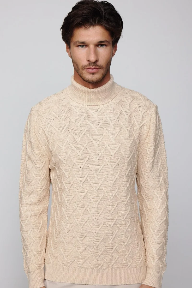 تودورس Slim Fit Slim Fit Full Turtleneck Patterned Beige Men's Knitwear Sweater