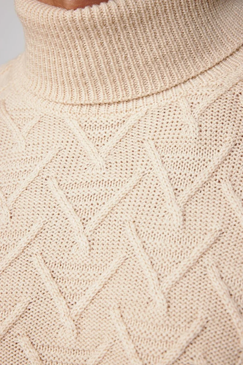 تودورس Slim Fit Slim Fit Full Turtleneck Patterned Beige Men's Knitwear Sweater