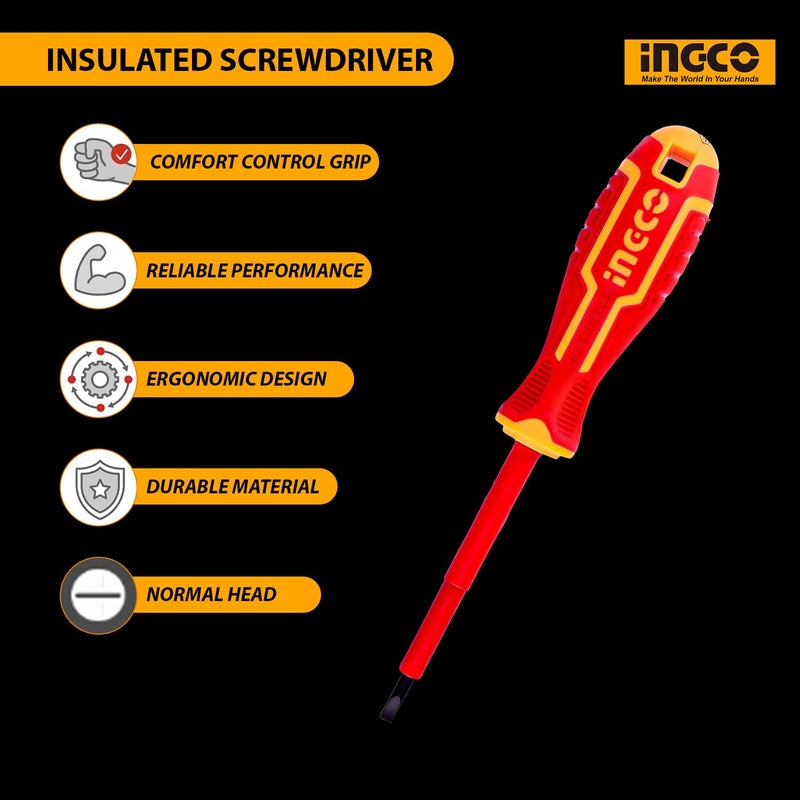 INGCO INGCO HISD81PH2100 Insulated Screwdriver 14 Inch Repair Tool Cushion Grip Handle Flat Head Tip for Home Industrial Use RedYellow  - Image 4