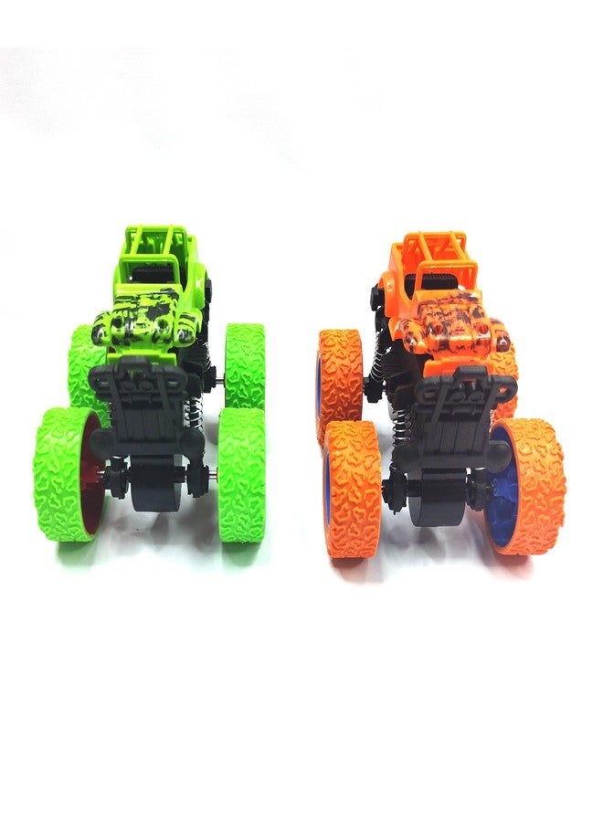 RAINBOW RIDERS 2 Pcs Friction Powered Mini Monster Cars Green & Orange for Kids 3+ Years Big Rubber Tires Unbreakable Blaze Truck Children's Toy (Orange & Green) - Image 1