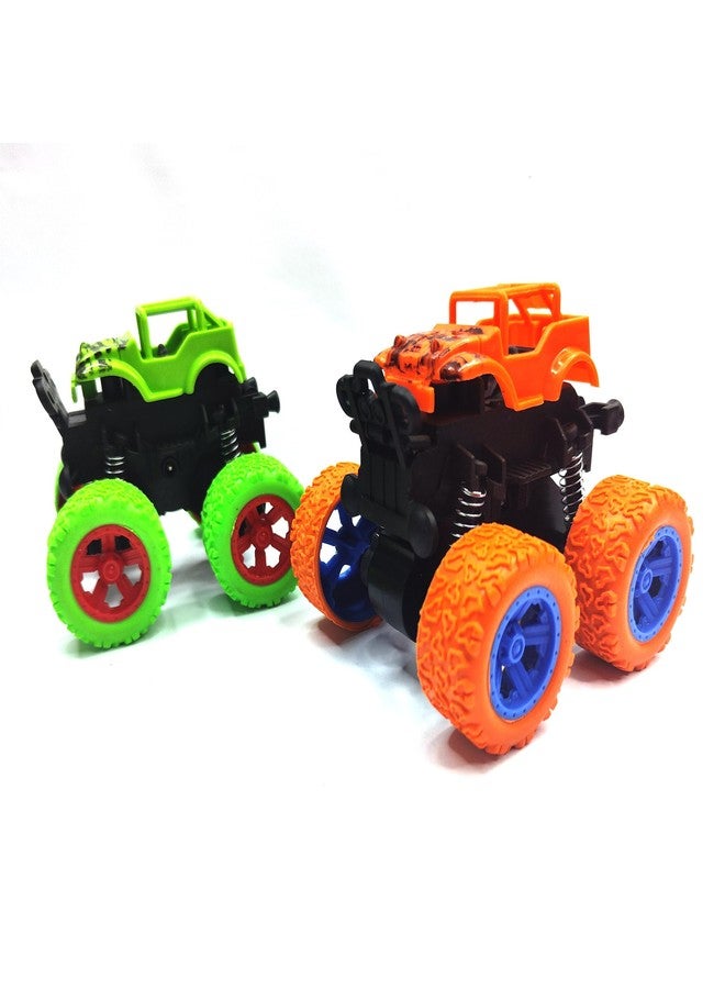 RAINBOW RIDERS 2 Pcs Friction Powered Mini Monster Cars Green & Orange for Kids 3+ Years Big Rubber Tires Unbreakable Blaze Truck Children's Toy (Orange & Green) - Image 2