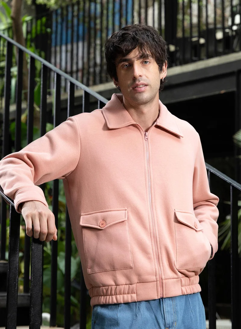 Campus Sutra Men Zip-Front Knit Jacket | Point Collar, Long Button-Cuff Sleeves | Zipper , Stretch-Straight Hem | Solid Fleece Knitted Fabric For Casual & Daily Wear | Peach Pink