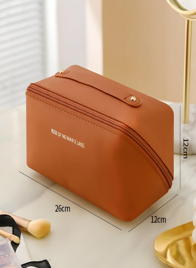 CLAPONE Makeup Pouch Bag Travel Makeup Bag Leather Makeup Organizer Bag/Cosmetic Pouch for Women/Travel Toiletry Bag/Large Capacity Cosmetic Bags Women/Waterproof Portable Pouch Toiletry Bag (Brown) - Image 4