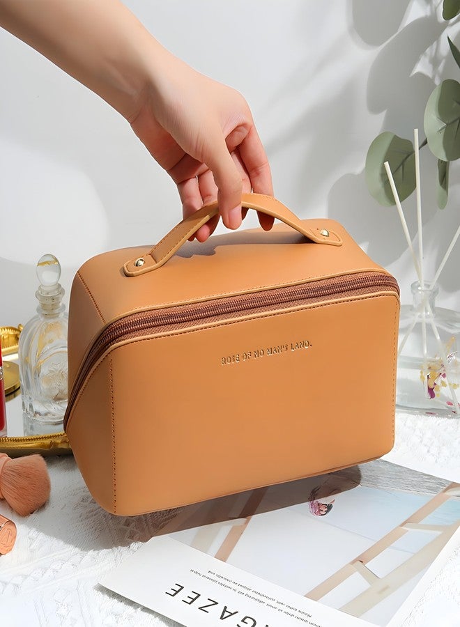 CLAPONE Makeup Pouch Bag Travel Makeup Bag Leather Makeup Organizer Bag/Cosmetic Pouch for Women/Travel Toiletry Bag/Large Capacity Cosmetic Bags Women/Waterproof Portable Pouch Toiletry Bag (Brown) - Image 3