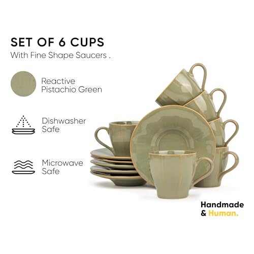 Shay Ceramic Cup and Saucer Set of 6, Pista, 180ml | Cup Saucer Set | 6 Cups and 6 Saucers | Glossy Finish | Tea Set | Ceramic Tea Cup and Saucer Set (Line Cups & Saucers - Pista) - Image 2