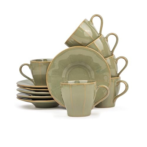 Shay Ceramic Cup and Saucer Set of 6, Pista, 180ml | Cup Saucer Set | 6 Cups and 6 Saucers | Glossy Finish | Tea Set | Ceramic Tea Cup and Saucer Set (Line Cups & Saucers - Pista) - Image 1