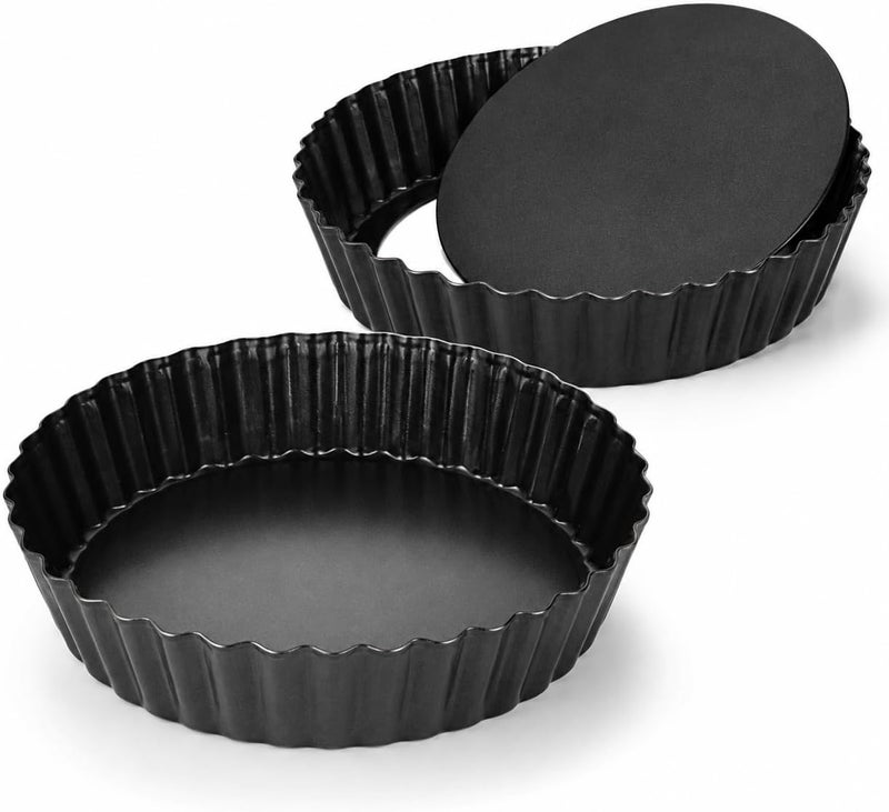 LOLYSIC 2 Pcs Quiche Tins with Loose Base, 21cm/ 8 Inch Loose Bottom Fluted Flan Tins, Carbon Steel Tart Tins with Loose Base, Non Stick Tart Cases Loose Base Quiche Dish for Baking, Black - Image 1