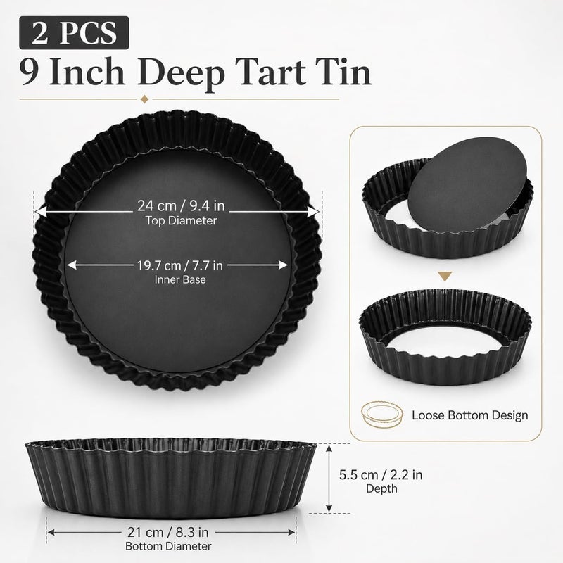 LOLYSIC 2 Pcs Quiche Tins with Loose Base, 21cm/ 8 Inch Loose Bottom Fluted Flan Tins, Carbon Steel Tart Tins with Loose Base, Non Stick Tart Cases Loose Base Quiche Dish for Baking, Black - Image 2