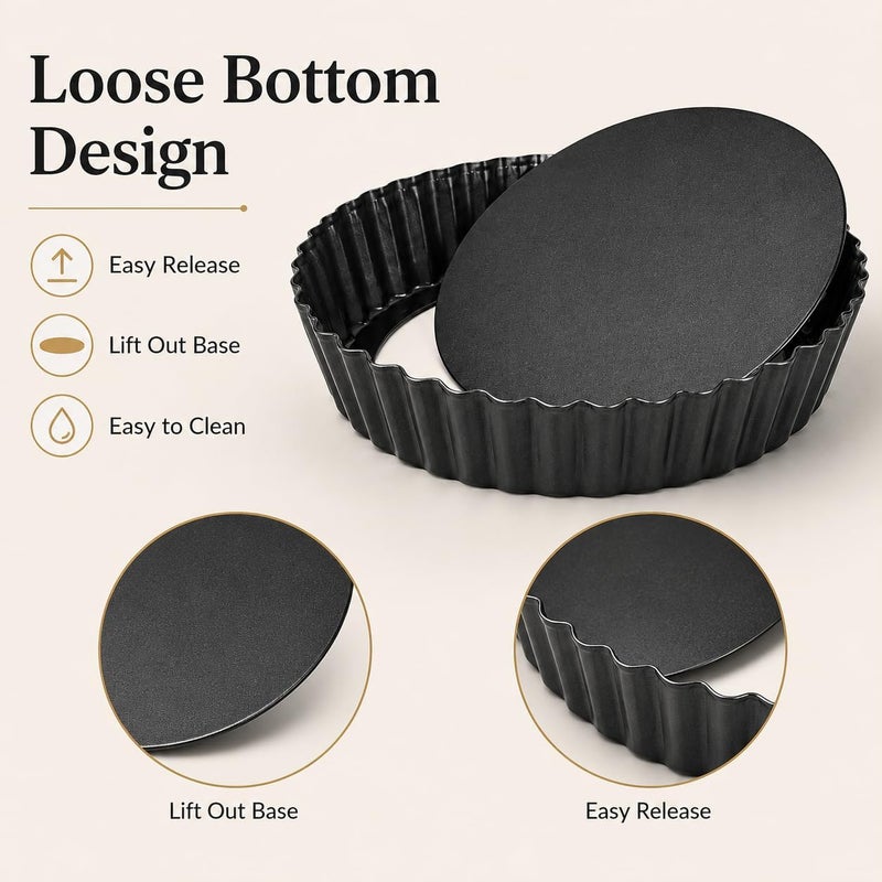 LOLYSIC 2 Pcs Quiche Tins with Loose Base, 21cm/ 8 Inch Loose Bottom Fluted Flan Tins, Carbon Steel Tart Tins with Loose Base, Non Stick Tart Cases Loose Base Quiche Dish for Baking, Black - Image 3