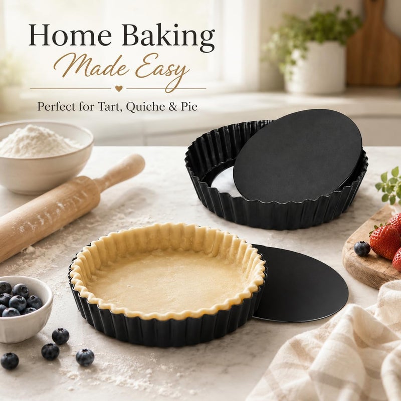 LOLYSIC 2 Pcs Quiche Tins with Loose Base, 21cm/ 8 Inch Loose Bottom Fluted Flan Tins, Carbon Steel Tart Tins with Loose Base, Non Stick Tart Cases Loose Base Quiche Dish for Baking, Black - Image 5