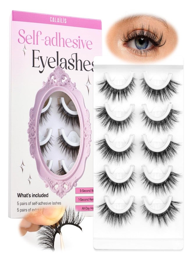 CALAILIS Self Adhesive Eyelashes 5 Pairs Natural Look Press On Lashes No Glue Need Eyelashes Reusable Cat Eye Wispy Self-adhesive False Lashes with Replacement Adhesive Strips (C131) - Image 1