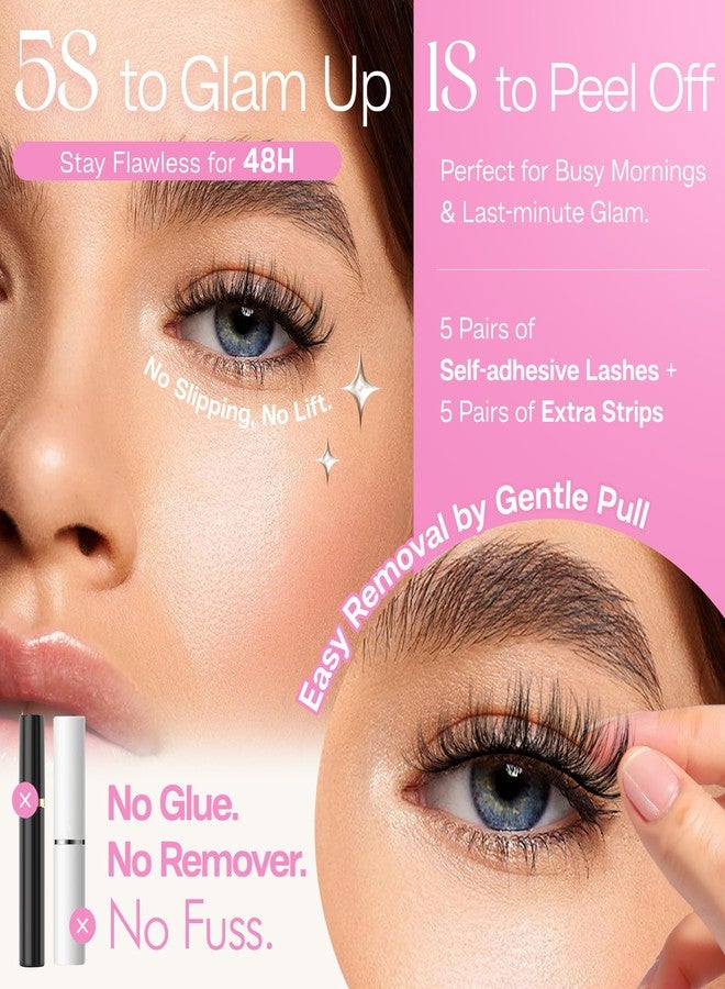 CALAILIS Self Adhesive Eyelashes 5 Pairs Natural Look Press On Lashes No Glue Need Eyelashes Reusable Cat Eye Wispy Self-adhesive False Lashes with Replacement Adhesive Strips (C131) - Image 2