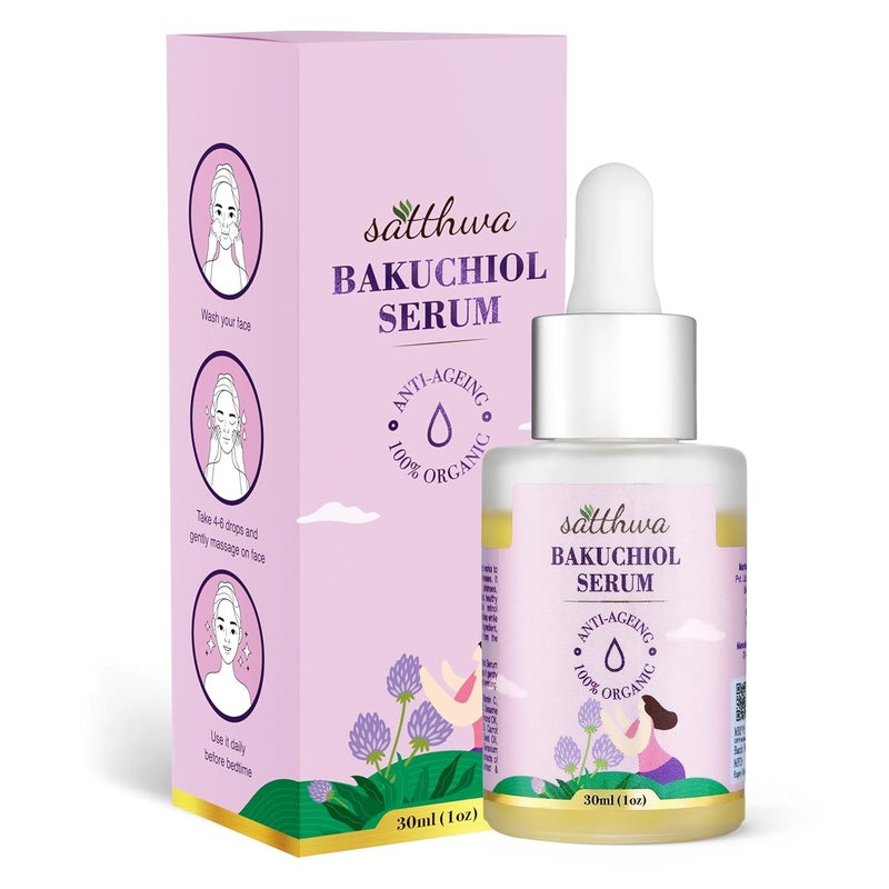 Satthwa Organic Bakuchiol Face Serum  Plumping AntiAging and Reduces Wrinkles Fine Lines  Serum with Vitamin C Ashwagandha Root Extract  Vegan  Cruelty Free 1 FL OZ