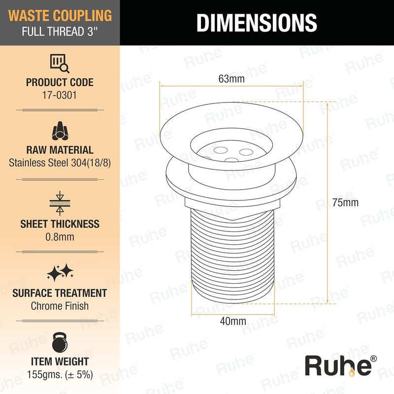 RUHE Ruhe Thread Waste Coupling Brass Full Thread Waste Coupling 3 Inches - Image 2