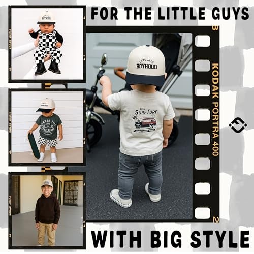 Funky Junque Kids Trucker Hat Baseball Cap - Two Tone Vintage Baby Baseball Cap, Infant Baseball Hat, Toddler Snapback Hat - Long Live Boyhood - Black/Beige (Small - 12-24 Months) - Image 2