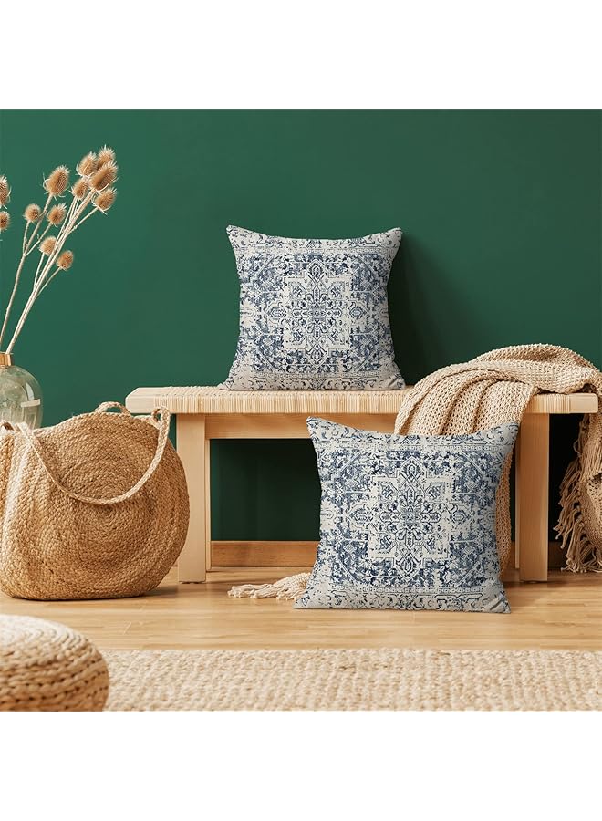 erorex Pillow Covers 18X18 Set Of 2 Ethnic Design Decorative Throw Pillows Linen Blue Carpet Pattern Farmhouse Cushion Pillow Covers For Sofa Couch Outdoor - Image 4
