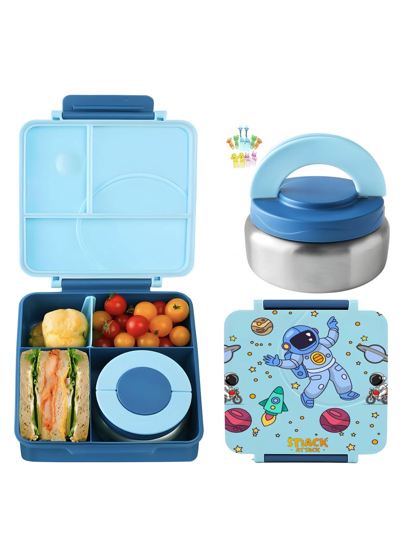Snack Attack Bento Lunch Box for Kids school with 9.7oz Soup thermos, Leak-proof Lunch Containers with 5 Compartment, thermos Food Jar, Food Containers for School Blue - Image 1