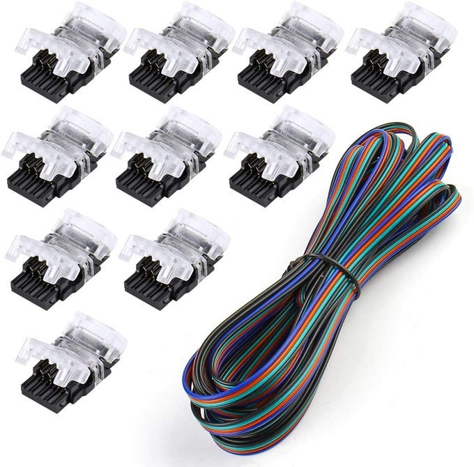 10 PACK 4 PIN LED CONNECTOR FOR WATERPROOF 10MM RGB 5050 LED STRIP LIGHTS STRIP TO WIRE QUICK CONNECTION WITHOUT STRIPPING INCLUDE UL LISTED 164FT 22 GAUGE 4 CONDUCTOR EXTENSION CABLE