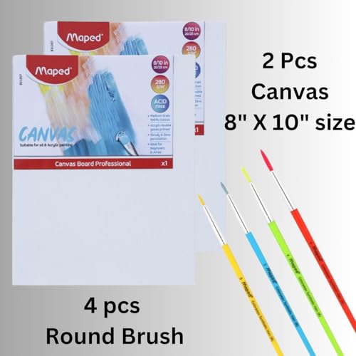 Maped Painting Kit|Cotton Canvas Boards and Premium Synthetic Brushes|Round Brushes (Size- 0,2,4,6)|2 pcs of Canvas Board 8" x 10"|100% Cotton Canvases|Painting - Image 4
