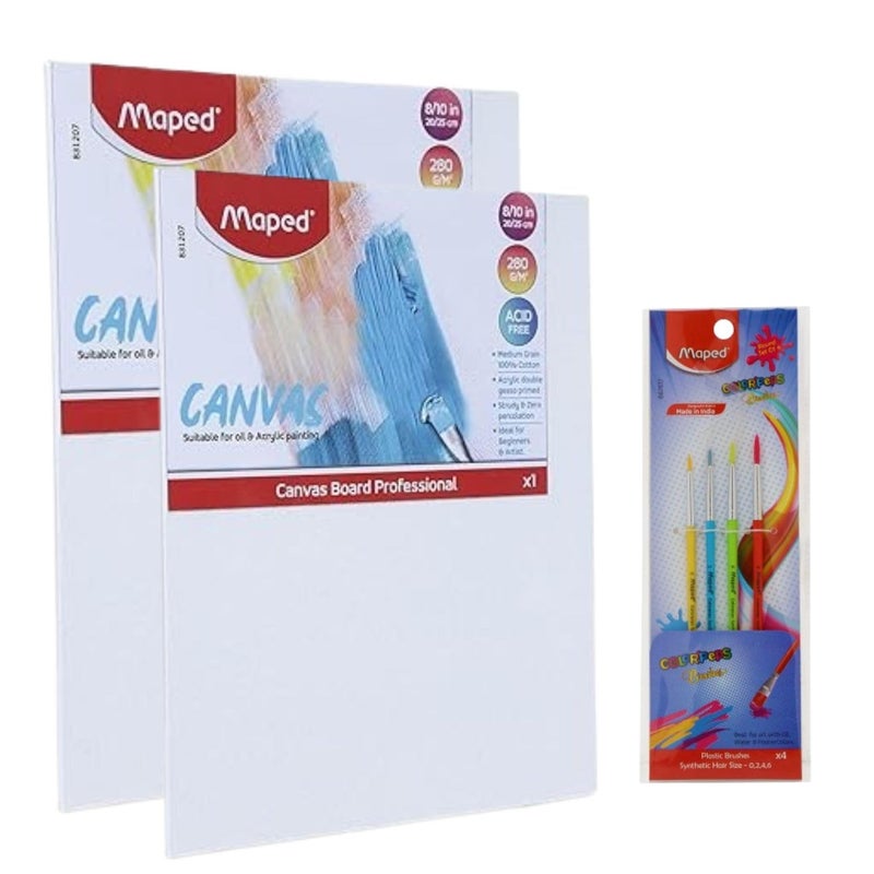 Maped Painting Kit|Cotton Canvas Boards and Premium Synthetic Brushes|Round Brushes (Size- 0,2,4,6)|2 pcs of Canvas Board 8" x 10"|100% Cotton Canvases|Painting - Image 1