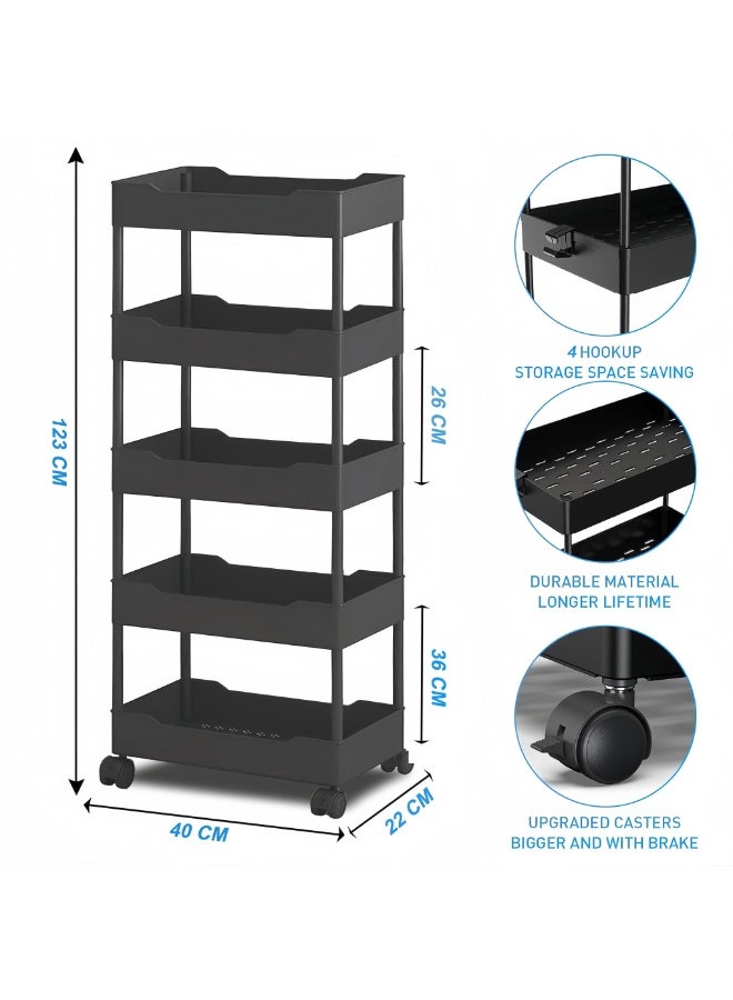 Anmi Slim Storage Cart, 5 Tier Bathroom Organizer Mobile Shelving Unit, Rolling Utility Cart Slide Out Organizer for Kitchen, Bathroom, Laundry, Narrow Places, Black - Image 2