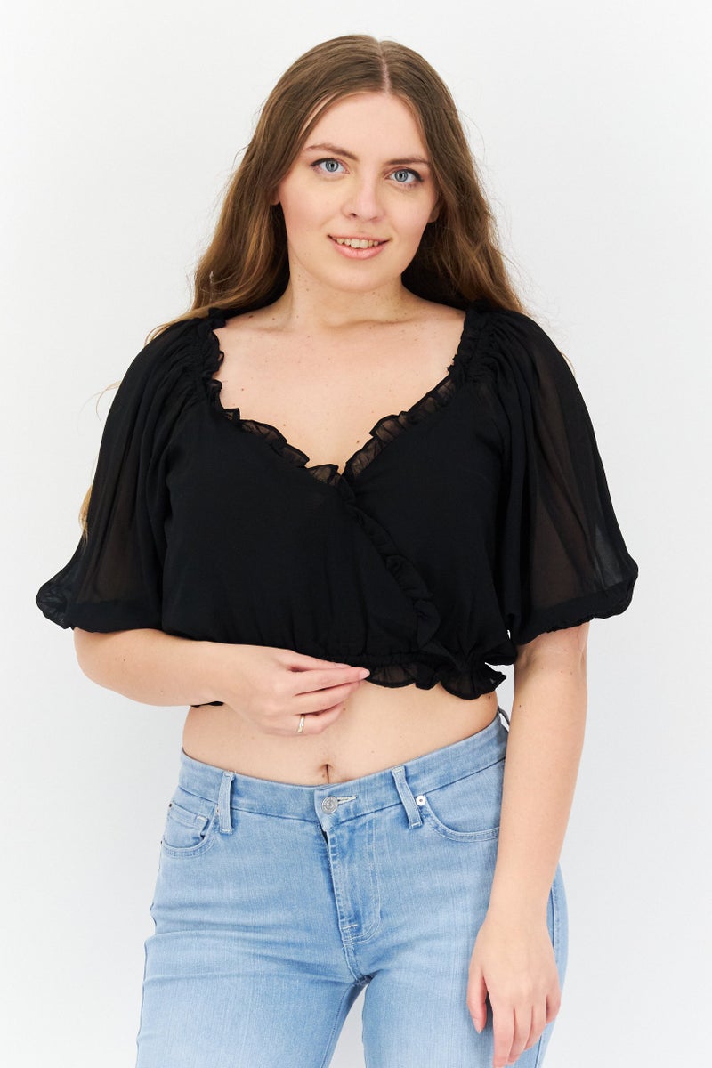 1 State Women V Neck Short Sleeve Solid Top, Black - Image 1
