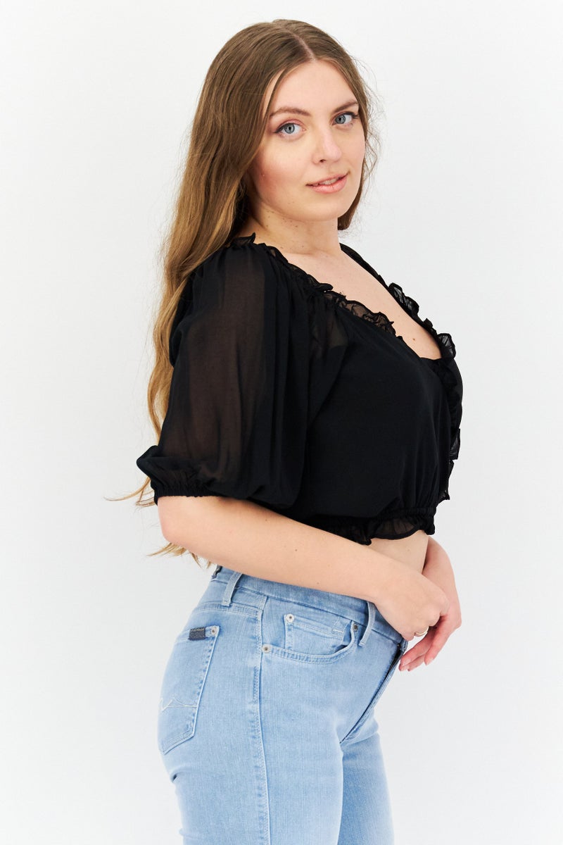 1 State Women V Neck Short Sleeve Solid Top, Black - Image 3