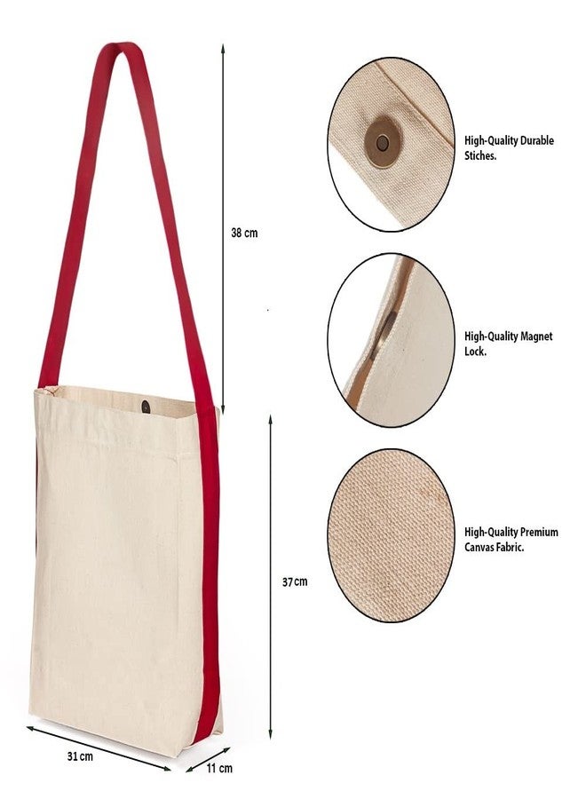 Lify Bi- Colour Canvas Tote Bag, Shoulder bag, Top Magnetic Button Closure, Daily Essentials, Stylish And Durable Shoulder bag For Women/Girls- Pack of 2 (Off-White with Navy & Red) - Image 3