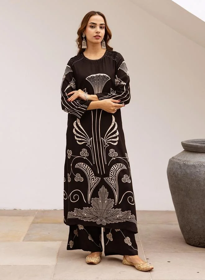 آي شين Women's Black Rayon Printed Tunic Upper Calf Length Palazzo Bottom Straight Fit 2 Peice Kurta Set