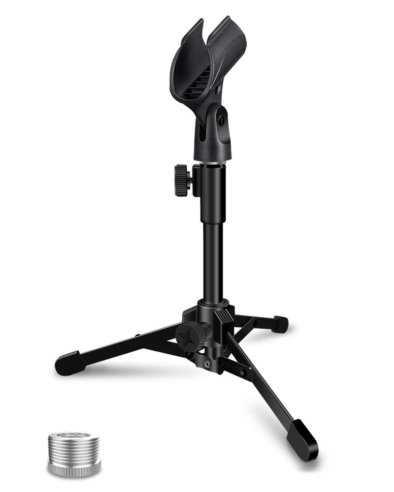 Mictop Desktop Mic Stand Portable Foldable Tripod with Mic Clip Holder and 5/8" Male to 3/8" Female Screw Adjustable Microphone Stand. - Image 1