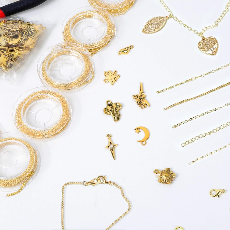 HYLEBOR سلسلة ذهبية لصنع المجوهرات، 16.4 قدم 5 لفات من سلاسل المجوهرات المطلية بالذهب لصنع قلائد وأساور ومفاتيح مع ملحقات مع تعليقات، حلقات قفز، مشابك جراد البحر، كماشة، مشابك مفاتيح - Image 4