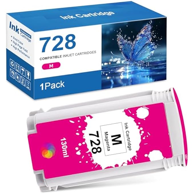 728 INK CARTRIDGES MAGENTA REPLACEMENT FOR 728 CARTRIDGE WORK FOR PRINTERS DESIGNJET T730 36-IN PRINTER, DESIGNJET T830 24-IN MFP, DESIGNJET T830 36-IN MFP, 1 MAGENTA (130ML, F9J66A) - Image 1