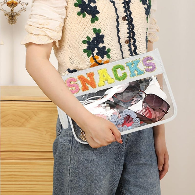 YOOJ ® Clear Snack Bag for Travel, Chenille Letter Clears Zipper Snacks Pouch- Waterproof Nylon Clears Cosmetic Bag/Tote Bag/Makeup Travel Bag/for Women Girls (White) - Image 5