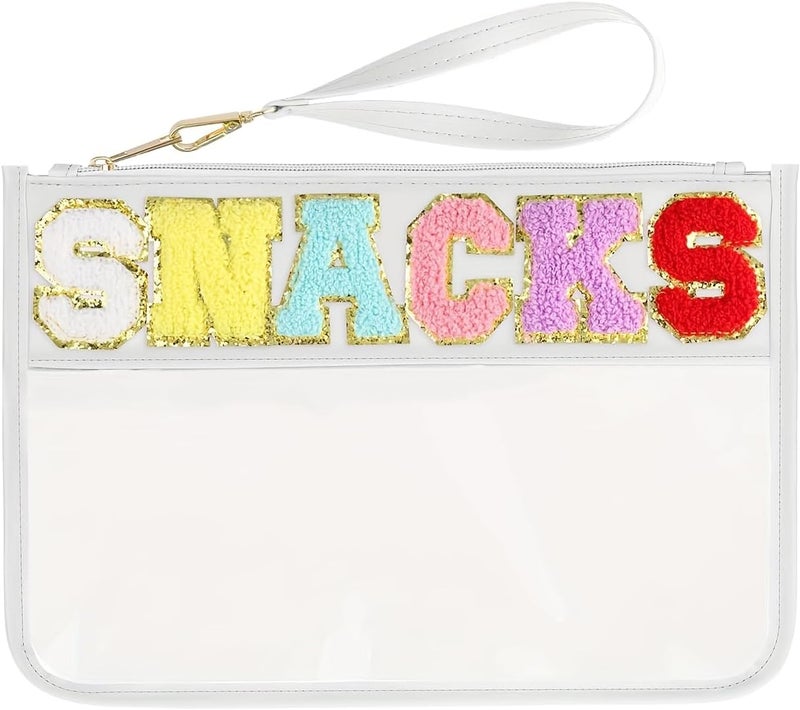 YOOJ ® Clear Snack Bag for Travel, Chenille Letter Clears Zipper Snacks Pouch- Waterproof Nylon Clears Cosmetic Bag/Tote Bag/Makeup Travel Bag/for Women Girls (White) - Image 1