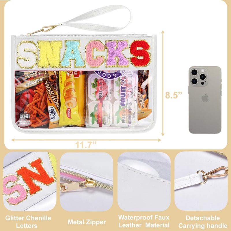 YOOJ ® Clear Snack Bag for Travel, Chenille Letter Clears Zipper Snacks Pouch- Waterproof Nylon Clears Cosmetic Bag/Tote Bag/Makeup Travel Bag/for Women Girls (White) - Image 2