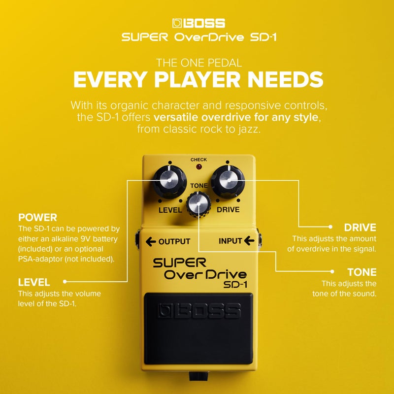 BOSS SD-1 SUPER Overdrive | Compact Overdrive Pedal | Genre-Defining Sound & Feel | Unique Clipping Circuitry Produces Tube-Like Characteristics | Dynamic Tone Options | Easy-To-Use Controls - Image 3