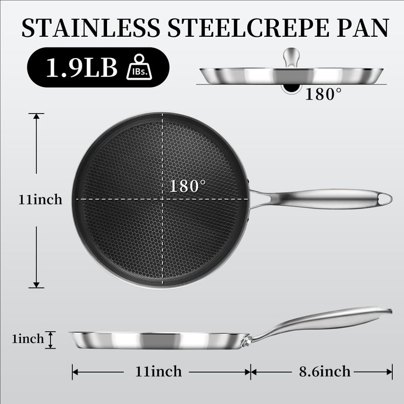 Innerwell Nonstick Crepe Pan 11inch Stainless Steel Crepe Pan Honeycomb Coating Flat Skillet Tawa Dosa Tortilla Pan,Omelet Pan with All Stove Tops Available, Induction Compatible - Image 2