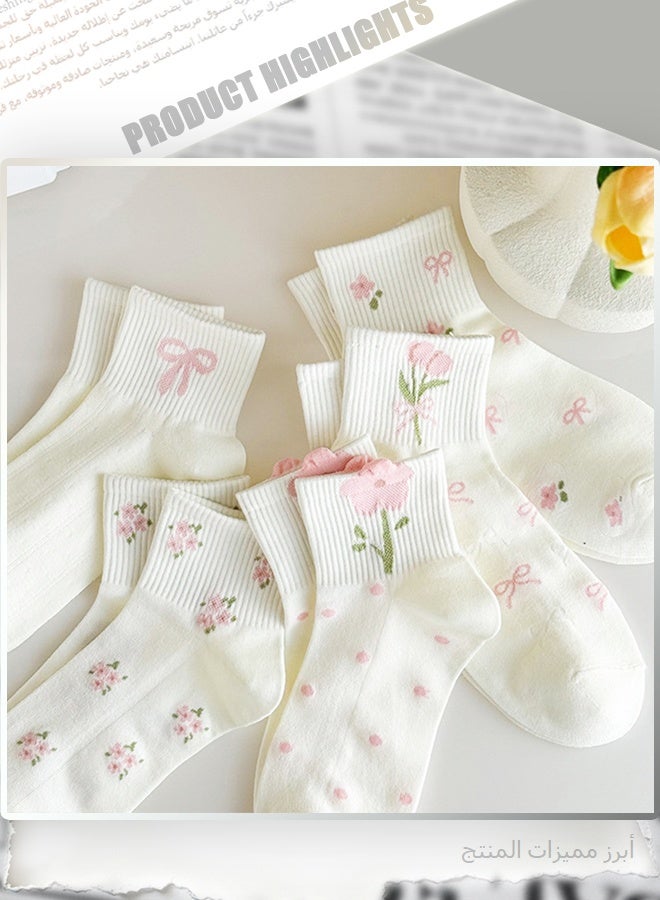 5 Pairs Women's Sweet Floral & Bow Print Ankle Socks, Cute Pink Flower Socks with Breathable Fabric, Soft Casual Low Cut Socks for Daily Wear, Spring & Summer - Image 5