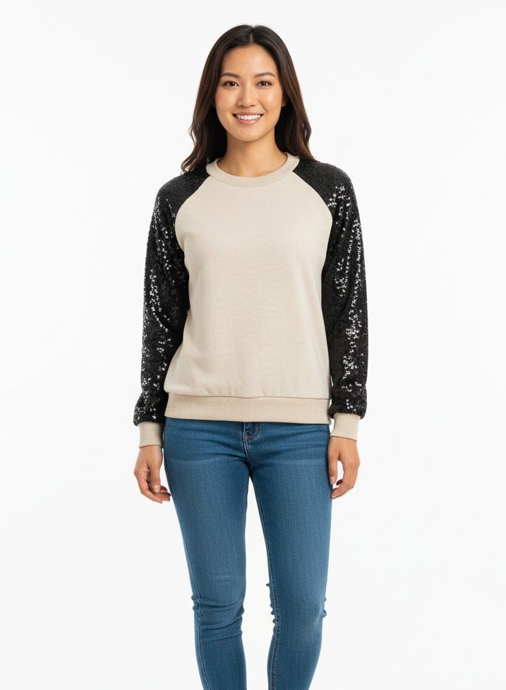 Women Beige Sweatshirt with sequin sleeves