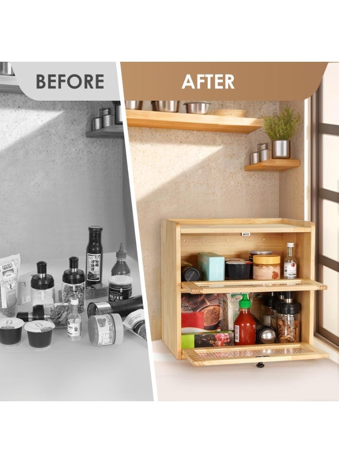 والالا صندوق تخزين خبز خشبي من طبقتين، حاوية تخزين على سطح طاولة المطبخ، حامل منظم طعام من طبقتين، منظم فواكه مزرعة عتيقة، رف تخزين منزلي بنافذة أكريليك - Image 3