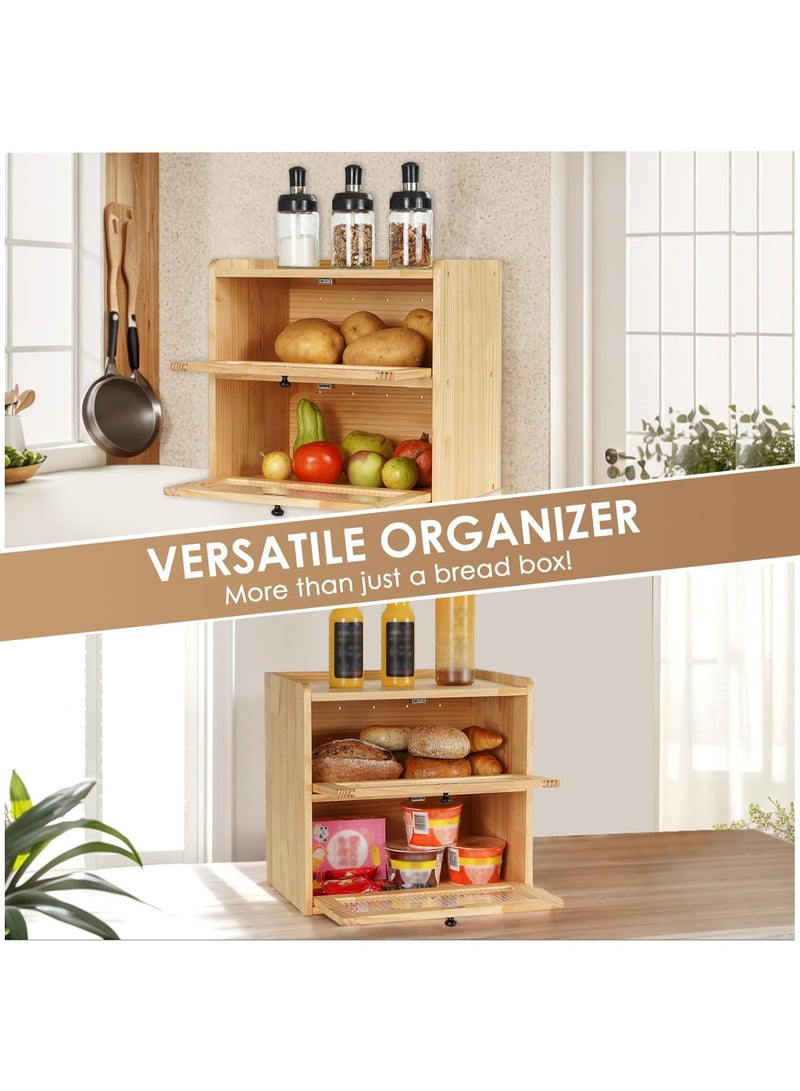 والالا صندوق تخزين خبز خشبي من طبقتين، حاوية تخزين على سطح طاولة المطبخ، حامل منظم طعام من طبقتين، منظم فواكه مزرعة عتيقة، رف تخزين منزلي بنافذة أكريليك - Image 5