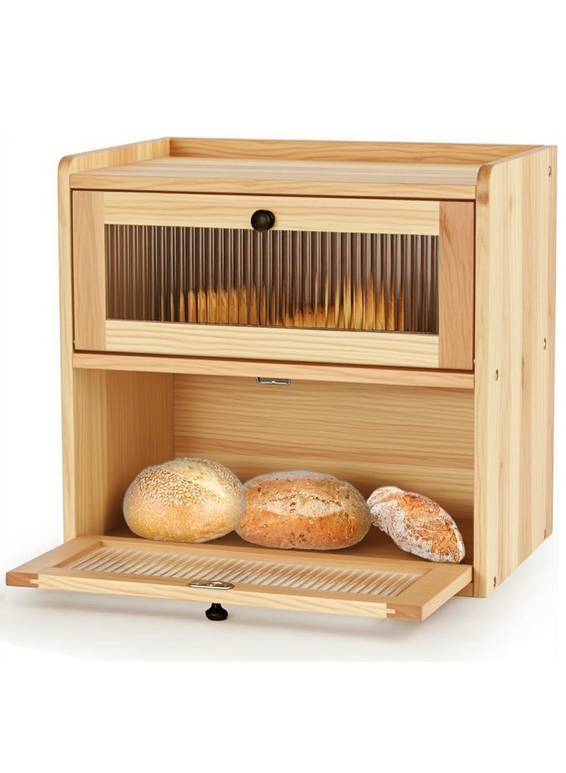 والالا صندوق تخزين خبز خشبي من طبقتين، حاوية تخزين على سطح طاولة المطبخ، حامل منظم طعام من طبقتين، منظم فواكه مزرعة عتيقة، رف تخزين منزلي بنافذة أكريليك - Image 1