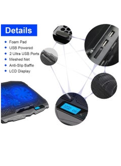 ماركة غير محددة مروحة تبريد للابتوب مع منفذي USB، شاشة LCD، وإضاءة LED زرقاء – تشغيل هادئ – متوافقة مع لابتوبات مقاس 10 إلى 15.6 بوصة  - Image 4