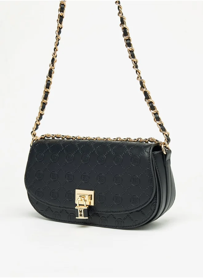 ELLE Monogram Embossed Crossbody Bag with Chain Strap and Button Closure