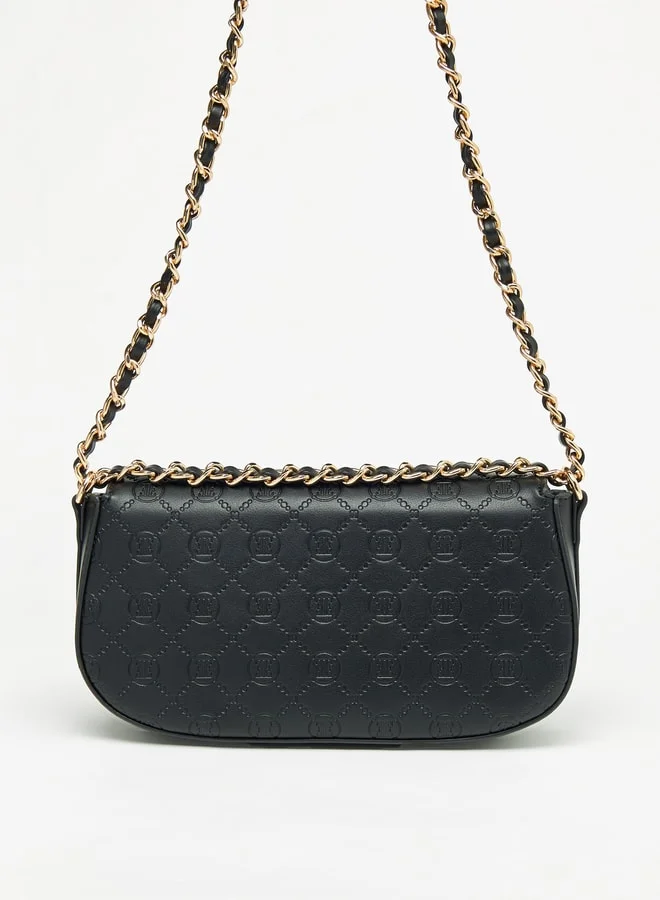 ELLE Monogram Embossed Crossbody Bag with Chain Strap and Button Closure