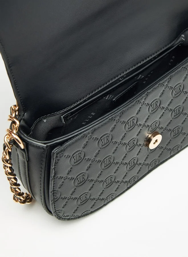 ELLE Monogram Embossed Crossbody Bag with Chain Strap and Button Closure