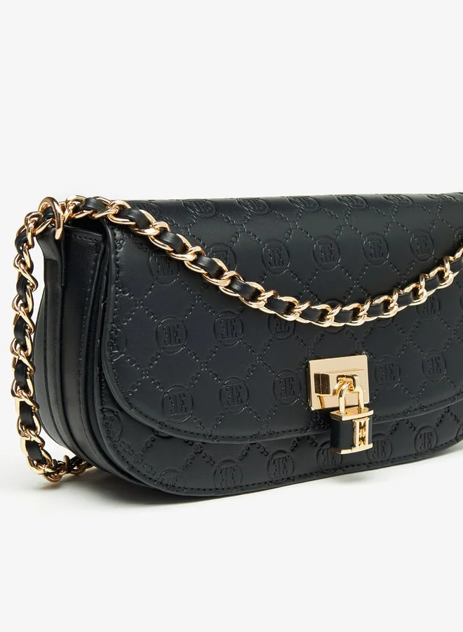ELLE Monogram Embossed Crossbody Bag with Chain Strap and Button Closure